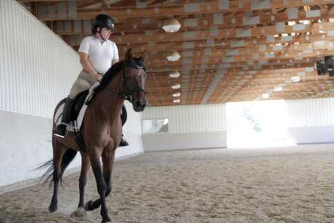 Rider and horse in indoor riding arena